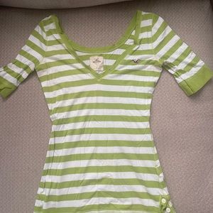 Hollister size small green and white stripped plunge v neck